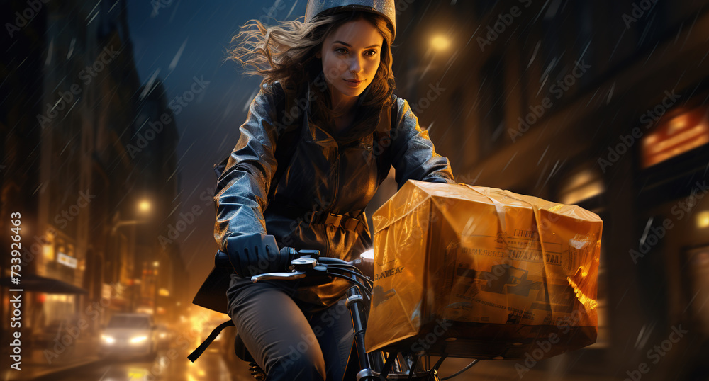 Nighttime city delivery woman cyclist in rain with yellow waterproof bag and metallic grey raincoat Nighttime city delivery woman cyclist in rain with yellow waterproof bag and metallic grey raincoat