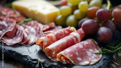 delicatessen cold cutting deli meat, cheese served with grapes. high quality, high resolution photo of charcuterie platter of gourmet salami, papperoni, etc 