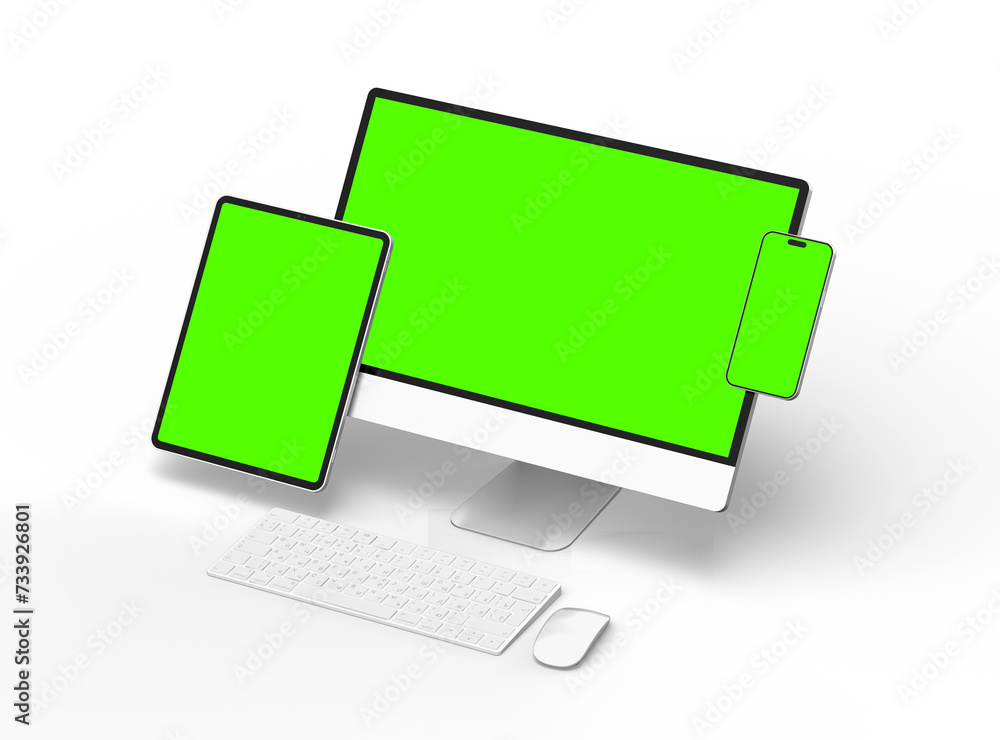3D Render of smartphone tablet desktop with green screens on a transparent background 3D Render of smartphone tablet desktop with green screens on a transparent background