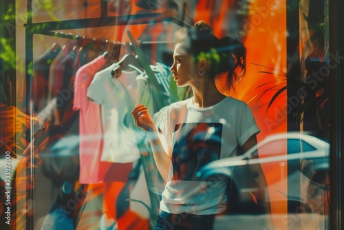 A girl in a clothing store behind a panoramic glass showcase chooses her products and looks at the assortment and variety of choices, shopping