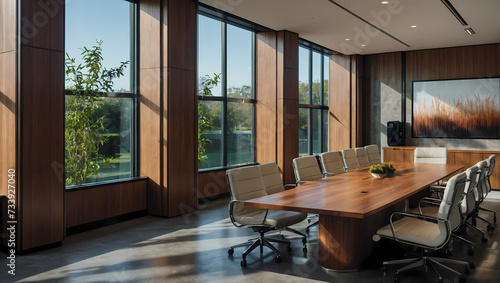 A contemporary meeting conference room within a modern office, featuring wooden walls, beautiful office furniture, and a garden view through large window panes.  © xKas