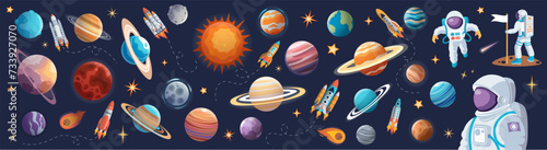 Background design with many planets in space illustration. Space icon set and astronaut photo