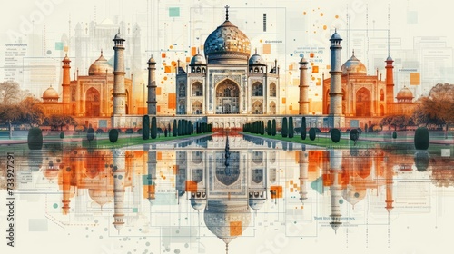 Taj Mahal in Agra, Uttar Pradesh, India. double exposure contemporary style minimalist artwork collage illustration. Ai generative.