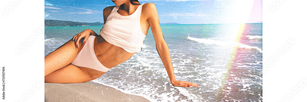 Fototapeta premium Banner. Female body, young woman in underwear lying by sea. Promotional content for luxury seaside resort, focusing on relaxation and elegance. Creative conceptual design. Travelling, meditation