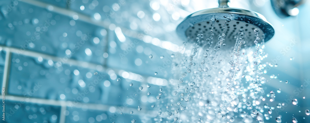 Panoramic view of flowing water from shower in washing room. Panoramic view of flowing water from shower in washing room.