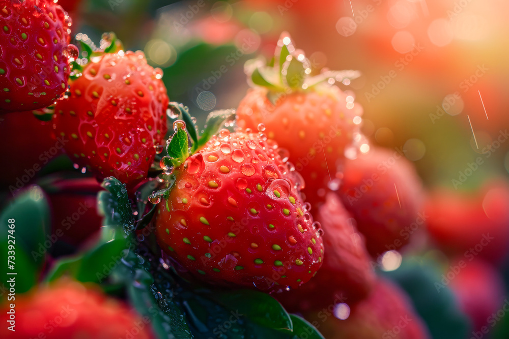 Fresh strawberries with water droplets and sunlight.
