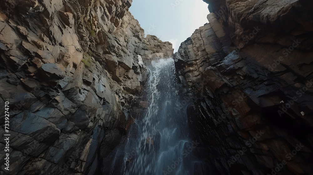 Majestic Waterfall View: Captivating Low Angle Shot from Below for Nature Enthusiasts