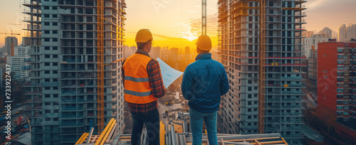Worker and architect holding blueprints and looking on the construction of buildings. Engineering and industry concept.