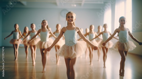 Group of Young Ballerinas Smiling in Ballet Class Practice.