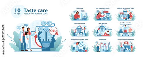 Taste Care Concept set. A comprehensive guide to maintaining taste health, featuring dietary variety, mindful eating, oral hygiene, and sensible consumption practices. Flat vector illustration.