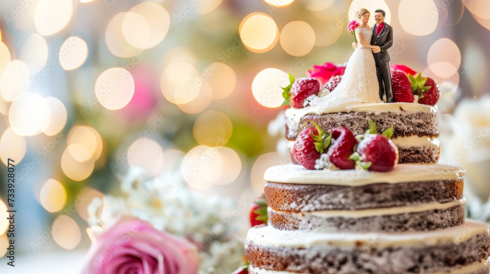 Close-up of figurine couple on wedding cake on isolated background with copy space
