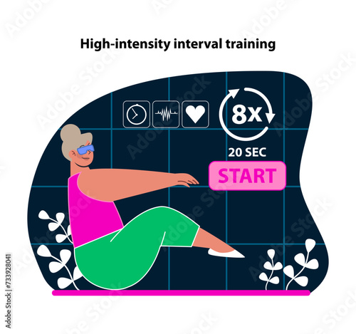High-intensity interval training in VR. Engage in pulse-racing workouts with virtual guidance. Optimize fitness with structured intense routines. Push limits in a digital training space. Flat vector.