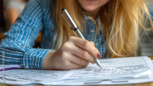 Closeup woman filling form of Individual Income Tax Return,
