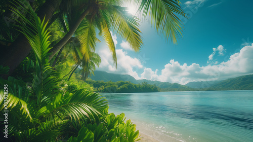Tropical island palm tree beach. best travel landscape paradise beach tropical island background beautiful palm trees closeup sea waves sunshine blue sky clouds luxury travel summer vacation.