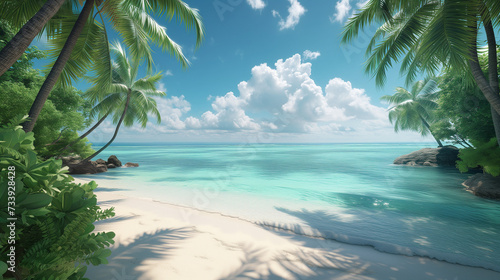 Tropical island palm tree beach. best travel landscape paradise beach tropical island background beautiful palm trees closeup sea waves sunshine blue sky clouds luxury travel summer vacation.