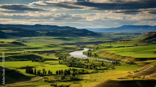 Farm landscape photograph. Sprawling farmland over flowing hills. © Meta