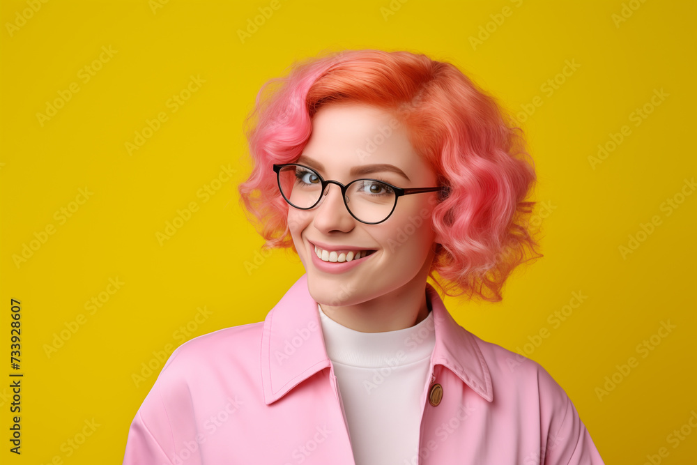 Young pink haired woman over isolated colorful background with glasses Young pink haired woman over isolated colorful background with glasses