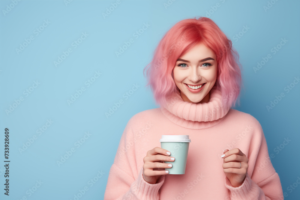 Young pink haired woman over isolated colorful background holding a take away coffee Young pink haired woman over isolated colorful background holding a take away coffee