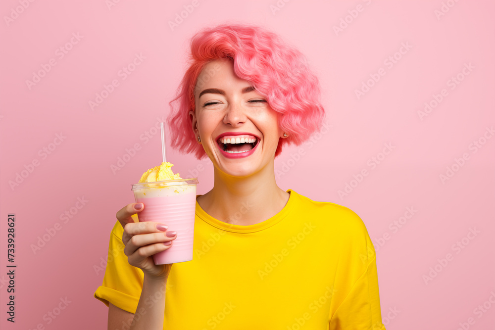 Young pink haired woman over isolated colorful background with strawberry milkshake Young pink haired woman over isolated colorful background with strawberry milkshake