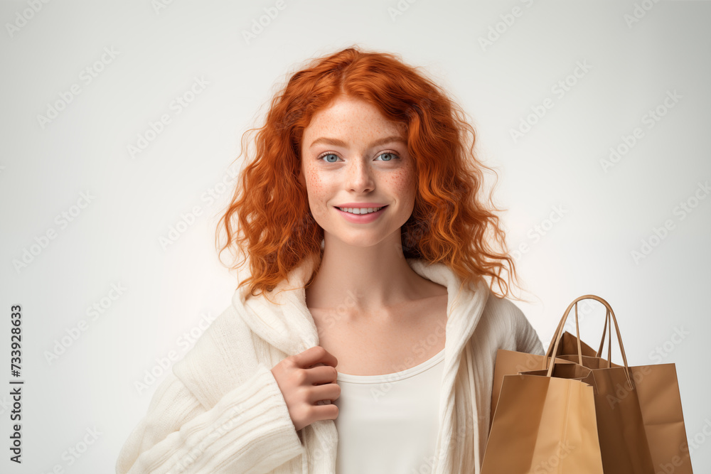 Young pretty redhead girl over isolated white background with shopping bags Young pretty redhead girl over isolated white background with shopping bags