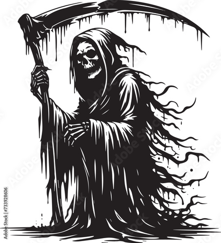 Grim Reaper silhouette. Angel of Death. death taker. Image of death in black clothes with a scythe in the center, black hood.