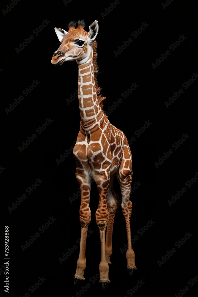 A cute baby giraffe on a black background. This image could be used in various contexts, such as children's educational materials, nature magazines