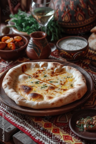 Khachapuri, a traditional Georgian cheese-filled bread, presented in an authentic Georgian setting. This setting provides a cultural context for enjoying khachapuri.