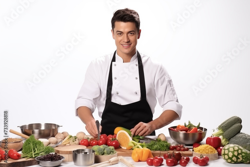 Young man over isolated white background in chef uniform with vegetables
