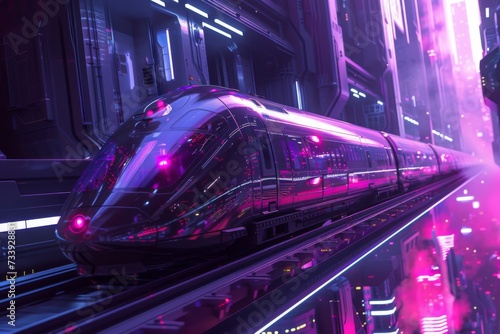 The futuristic train is shown and traveling.