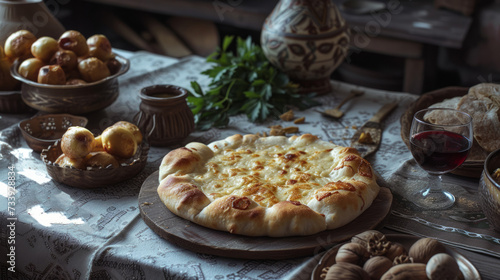 Khachapuri, a traditional Georgian cheese-filled bread, presented in an authentic Georgian setting, providing a cultural context for enjoying khachapuri
