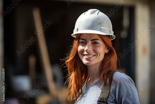 Young pretty redhead woman at outdoors with worker cap