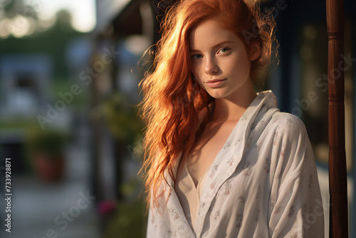 Young pretty redhead woman at outdoors in pajamas © luismolinero