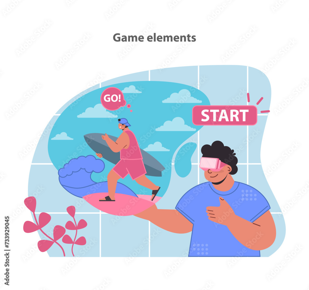 Embark on a fitness adventure with our game element-infused VR workout, where starting your exercise is as fun as play, captured in this inspiring and colorful vector scene. Embark on a fitness adventure with our game element-infused VR workout, where starting your exercise is as fun as play, captured in this inspiring and colorful vector scene.