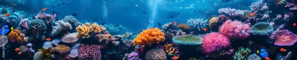 Fototapeta premium Tropical sea underwater fishes on coral reef. Aquarium oceanarium wildlife colorful marine panorama landscape nature snorkel diving. Generative AI