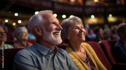 Senior couple enjoying a theater performance together, smiling in audience