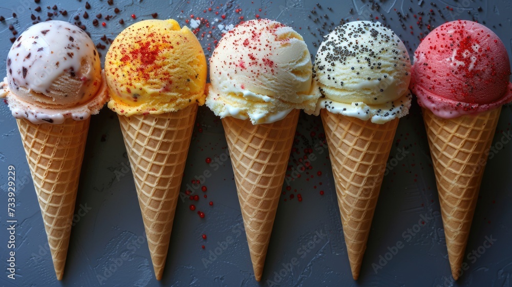 Assorted Ice Cream Cones with Toppings Blue Background Assorted Ice Cream Cones with Toppings Blue Background