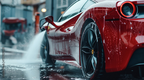 Car Wash Expert Using Water Pressure Washer to Clean a Red Modern Sportscar. Adult Man Washing Away Dirt, Preparing an American Muscle Car for Detailing. Creative Cinematic Photo with Luxury Vehicle © oldwar