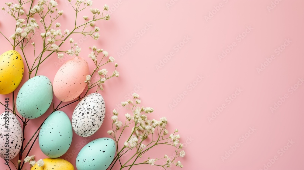 Soft pastel Easter eggs with delicate baby's breath flowers on a pink background with space for text. Artistic flat lay of painted Easter eggs and spring florals for festive decoration.