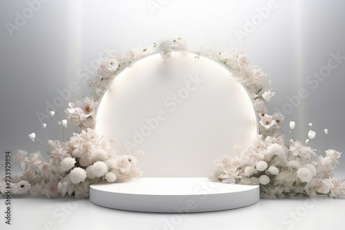 A white circle stage platform surrounded by various flowers in bloom. Product mock up concept