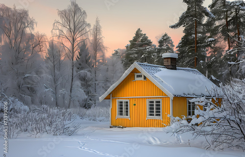 house in the snow in a quiet winter landscape sunrise sunset cloudy