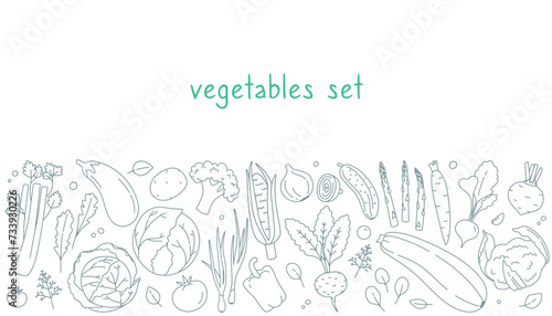 Vegetable border, a horizontal template for your design. Icons of vegetables and greens, doodle. Modern illustration in hand-drawn style for menu, cover, packaging. © Анна 