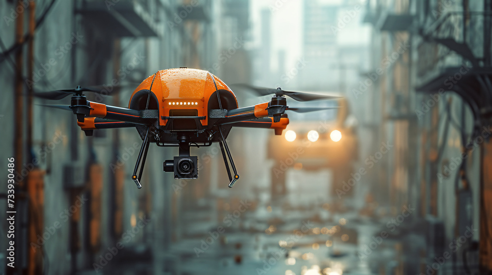 A yellow drone equipped with a camera flies in a narrow alley, with buildings on both sides It was a rainy evening.