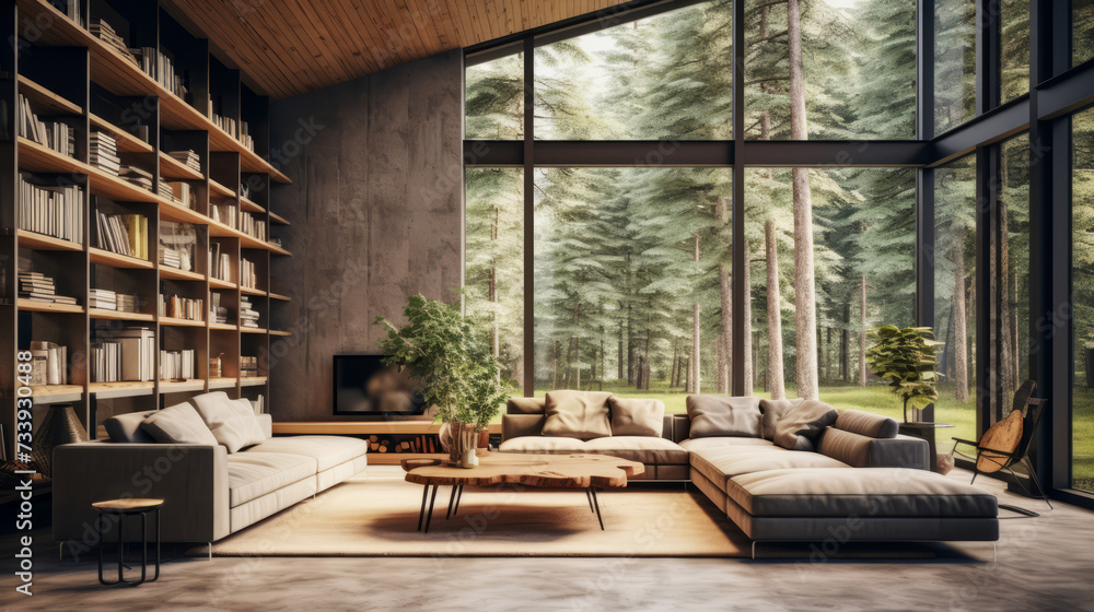 Modern living room interior with large windows overlooking a forest Modern living room interior with large windows overlooking a forest