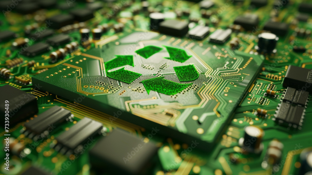Concept of green technology. green recycle sign on circuit board technology innovations. Environment Green Technology Computer Chip.Green Computing, Green Technology, Green IT, CSR, and IT ethics Concept of green technology. green recycle sign on circuit board technology innovations. Environment Green Technology Computer Chip.Green Computing, Green Technology, Green IT, CSR, and IT ethics