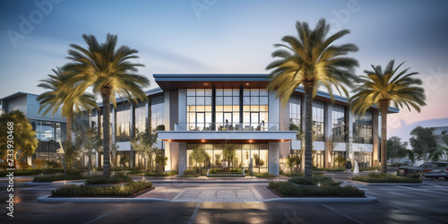 Realistic commercial building with sleek glass facade, Photo of a modern office building with a sleek and minimalist design headquarters or large office under a blue sky