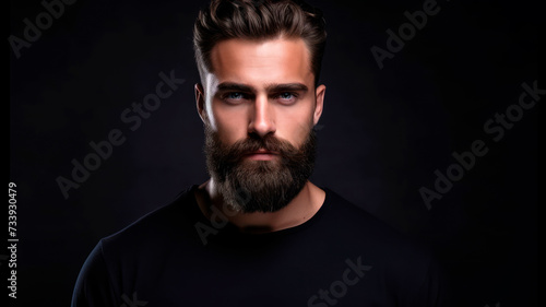 Portrait of a brutal man with blue eyes in a black T-shirt on a black isolated background. A stylish, well-groomed young man with a beard and mustache.