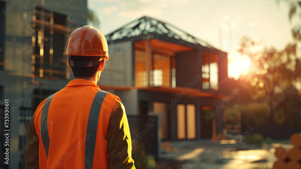construction engineer standing with his back and watches at a house building construction. wearing a helmet and orange safety vest. working as a architect. blurry background construction engineer standing with his back and watches at a house building construction. wearing a helmet and orange safety vest. working as a architect. blurry background