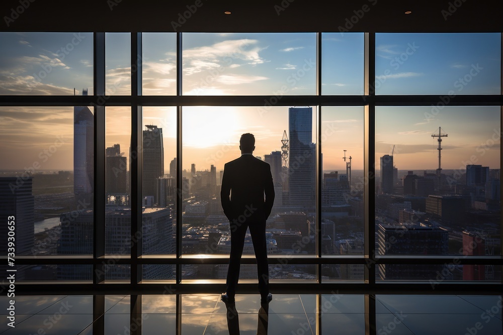 Contemplative man in office with sunset city skyline background