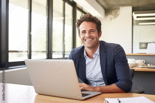 Professional businessman smiling while working on laptop in modern office