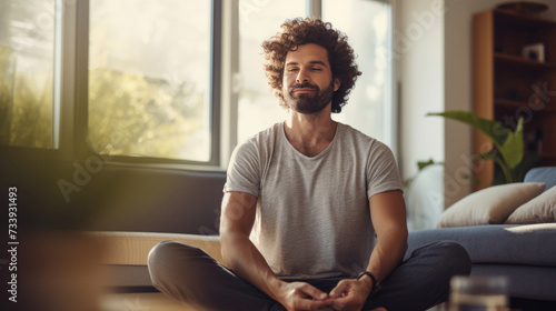 Relaxed man practicing mindfulness meditation at home with a serene expression photo